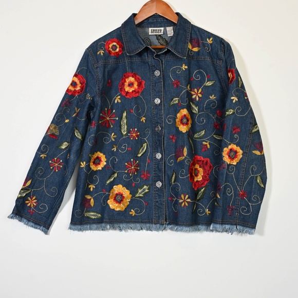 Chico’s Beautiful Whimsical Vibrant Floral Embroidered Denim jacket Sz 3 / XL/16 - Picture 5 of 12